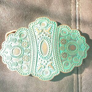 Intricate Teal and Gold Belt Buckle